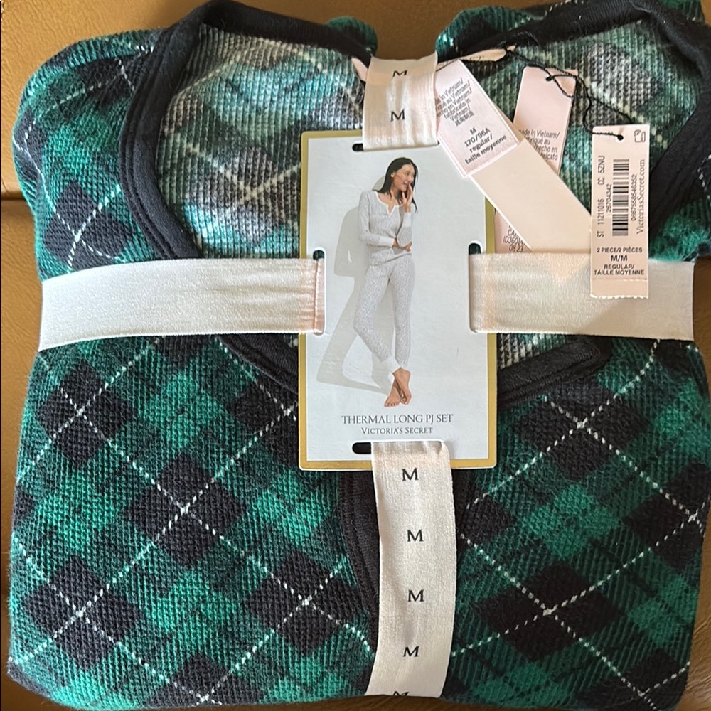 Victoria's Secret Navy Blue/Green Plaid Thermal Long PJ Set